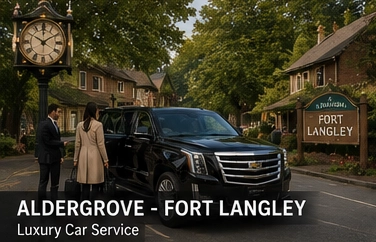 Black Cadillac Escalade luxury vehicle near historic Fort Langley BC with heritage buildings and scenic surroundings, providing private luxury car service.