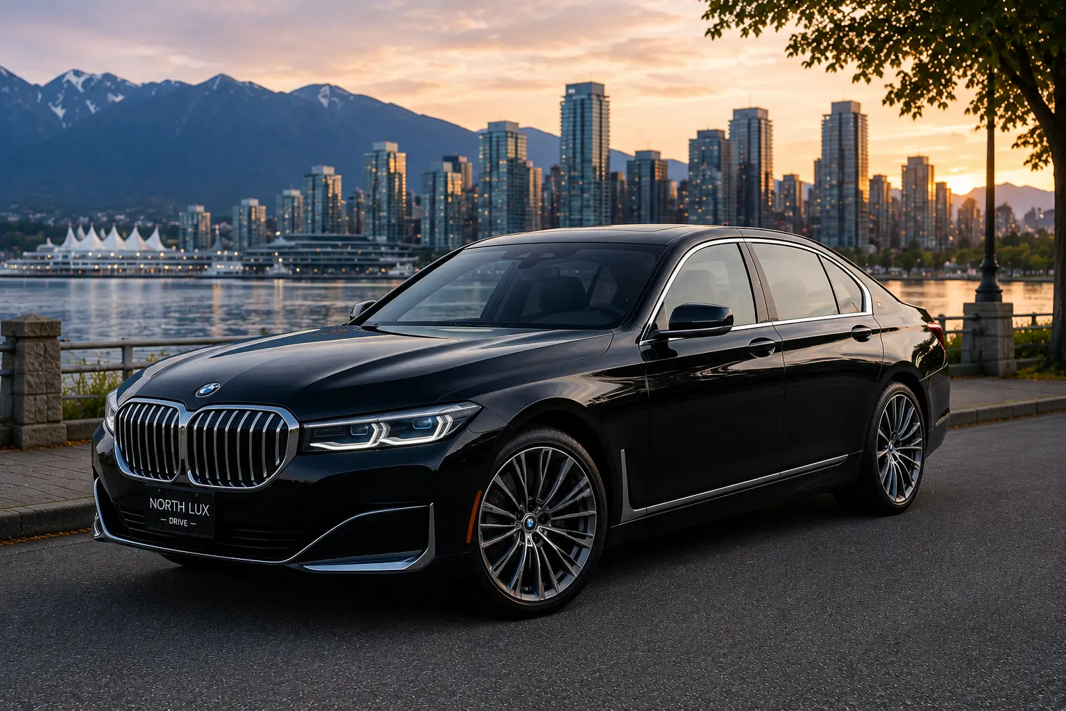Black BMW 7 Series luxury sedan parked along the Vancouver BC waterfront with city skyline, mountains, and scenic views in the background, providing premium chauffeur transportation for executive travel, corporate clients, airport transfers, and special events.