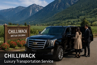 Black Cadillac Escalade luxury SUV parked in Chilliwack BC with mountain views, farmland scenery, and a professional chauffeur providing private transportation service in the Fraser Valley.