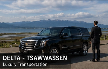 Black Cadillac Escalade luxury SUV in Delta Tsawwassen BC near coastal scenery and ferry routes, providing private luxury transportation service.