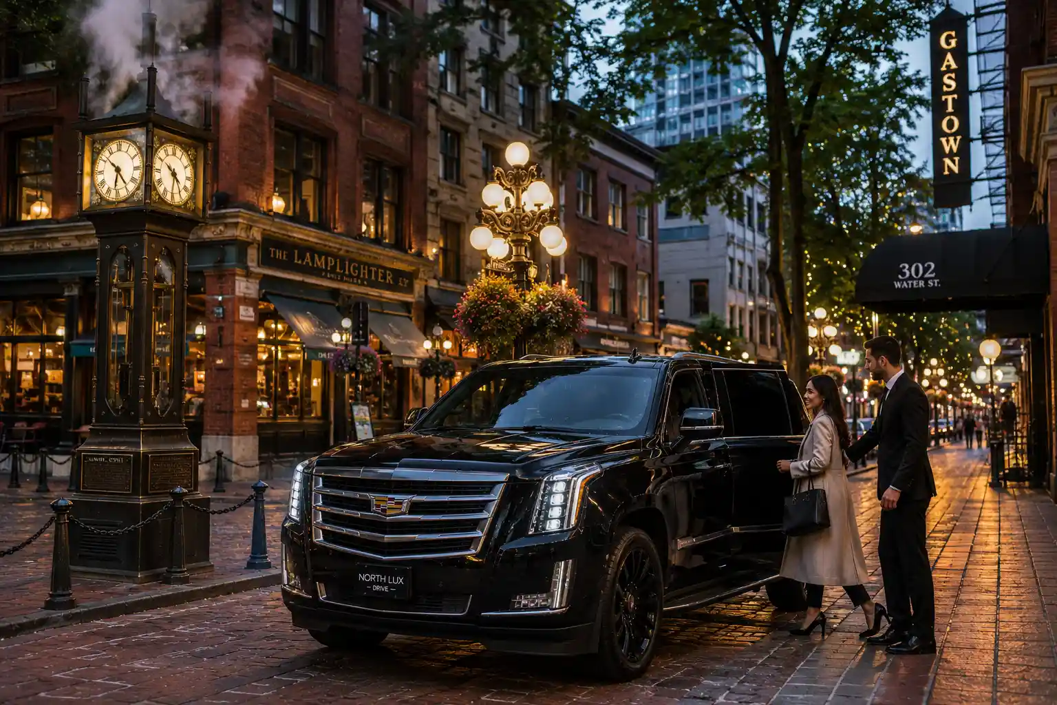 Black Cadillac Escalade luxury SUV parked on the historic cobblestone streets of Gastown Vancouver BC with the iconic Gastown Steam Clock, brick buildings, warm street lights, and a chauffeur assisting passengers with premium transportation service.
