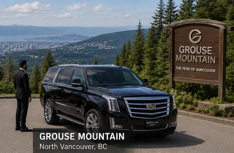 Black Cadillac Escalade luxury SUV parked at Grouse Mountain in North Vancouver BC with forest scenery, mountain views, and Vancouver skyline in the distance, providing private transportation for sightseeing tours.