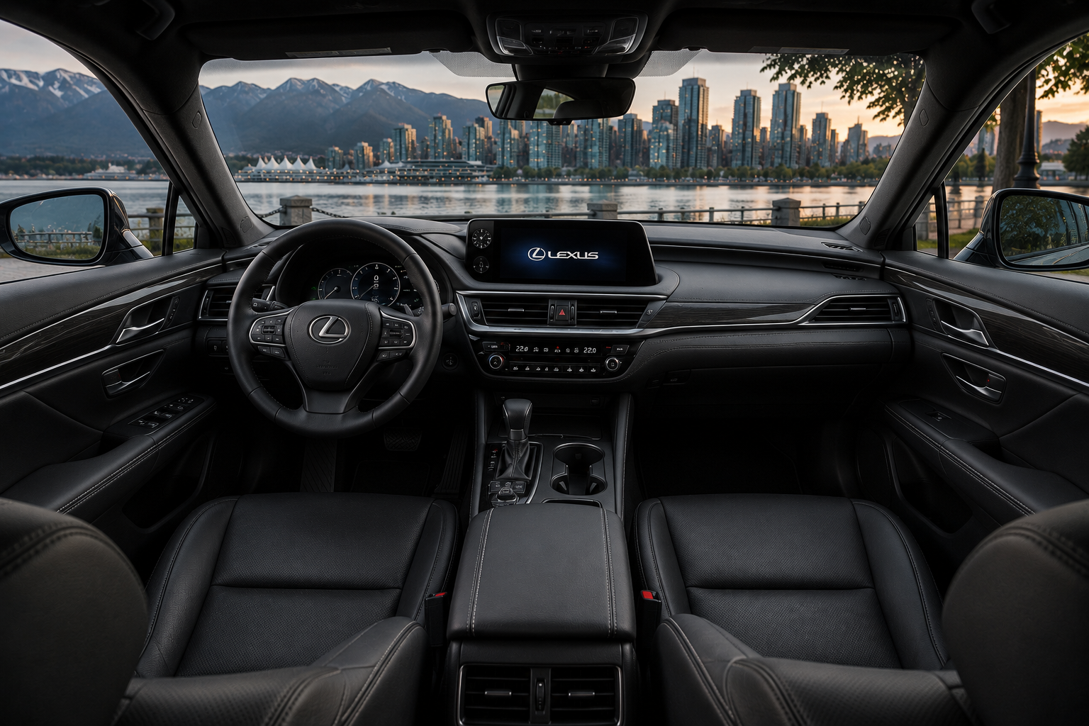 Luxury black leather interior of a Lexus ES300h Hybrid sedan viewed from the rear passenger area with premium dashboard features, elegant finishes, and Vancouver BC waterfront skyline and mountains visible through the windshield, showcasing executive chauffeur transportation comfort.