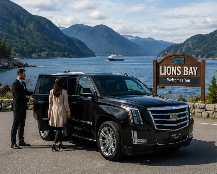 Black Cadillac Escalade luxury SUV parked at a scenic Lions Bay British Columbia viewpoint overlooking Howe Sound with coastal mountains and ocean views, providing private luxury transportation along the Sea to Sky Corridor.