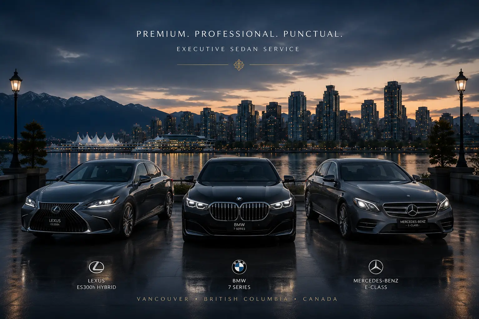 Three luxury sedans including Lexus ES300h Hybrid, BMW 7 Series, and Mercedes-Benz E-Class parked together at the Vancouver BC waterfront with city skyline, mountains, and evening lights, showcasing premium executive chauffeur transportation service.
