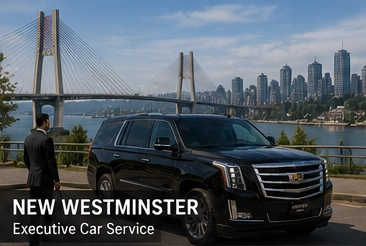 Black Cadillac Escalade luxury SUV overlooking New Westminster BC waterfront with city skyline and Fraser River views, providing executive transportation service.