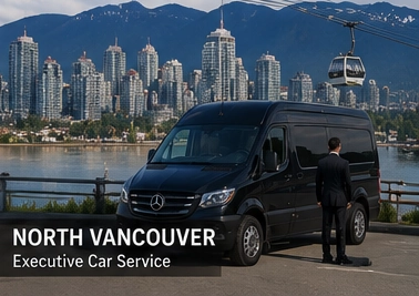 Black Mercedes Sprinter luxury van in North Vancouver BC with waterfront and mountain scenery, providing executive transportation service.
