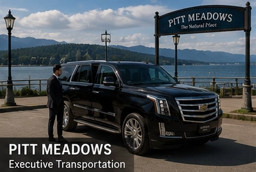 Black Cadillac Escalade luxury SUV in Pitt Meadows BC with mountain scenery and natural landscapes, providing premium executive transportation service for private clients.
