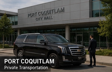 Black Cadillac Escalade luxury SUV outside Port Coquitlam BC city area with professional chauffeur service for private transportation.