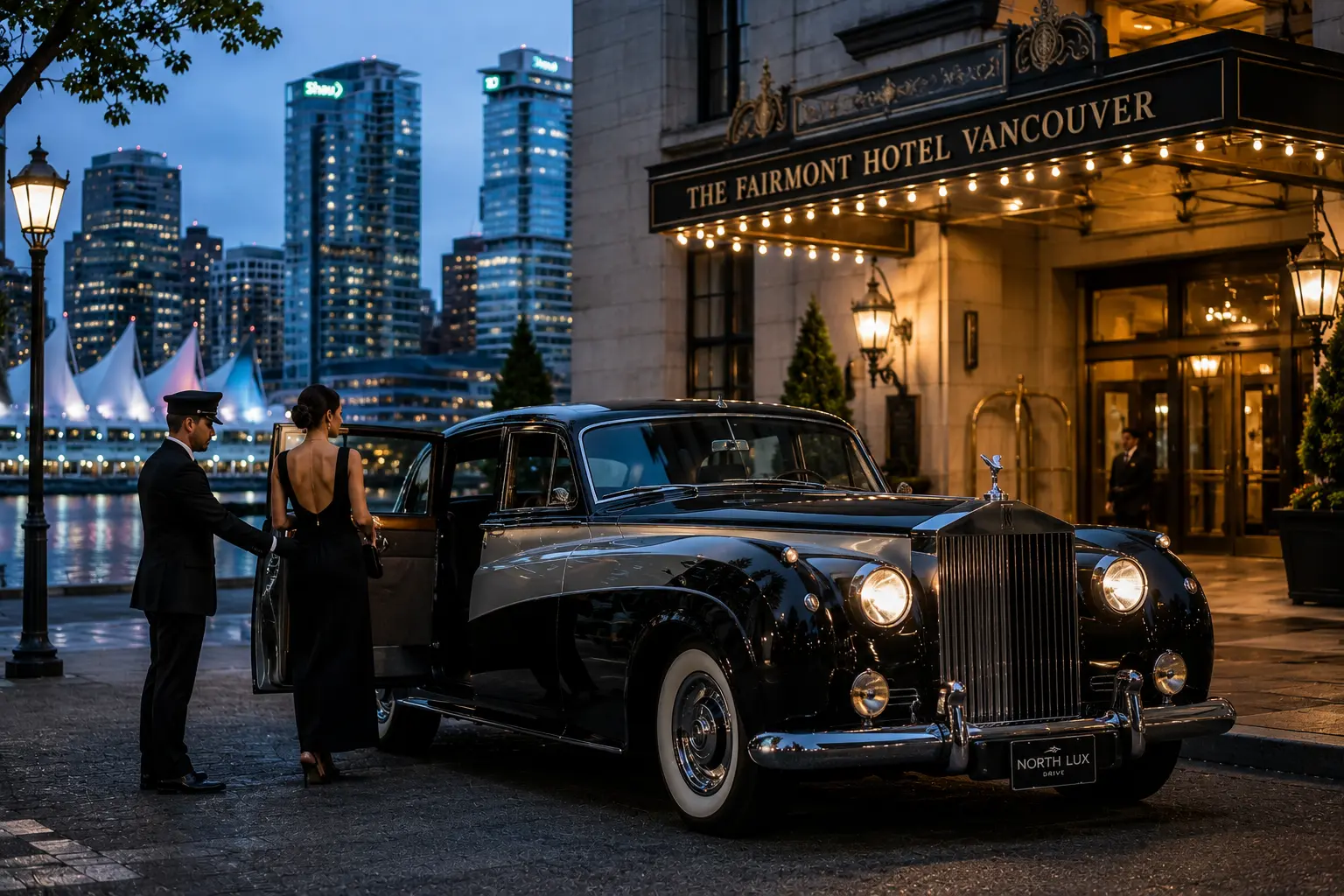 Vintage luxury car service outside Fairmont Hotel Vancouver in Downtown Vancouver BC