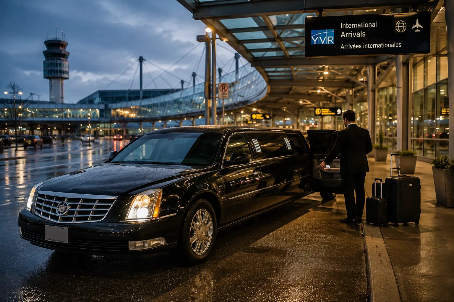 Black Cadillac DTS stretch limousine parked at Vancouver International Airport arrivals curbside with chauffeur loading luggage for passengers