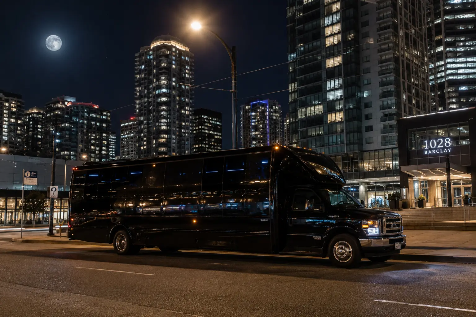 20-Passenger Party Bus — Downtown at night