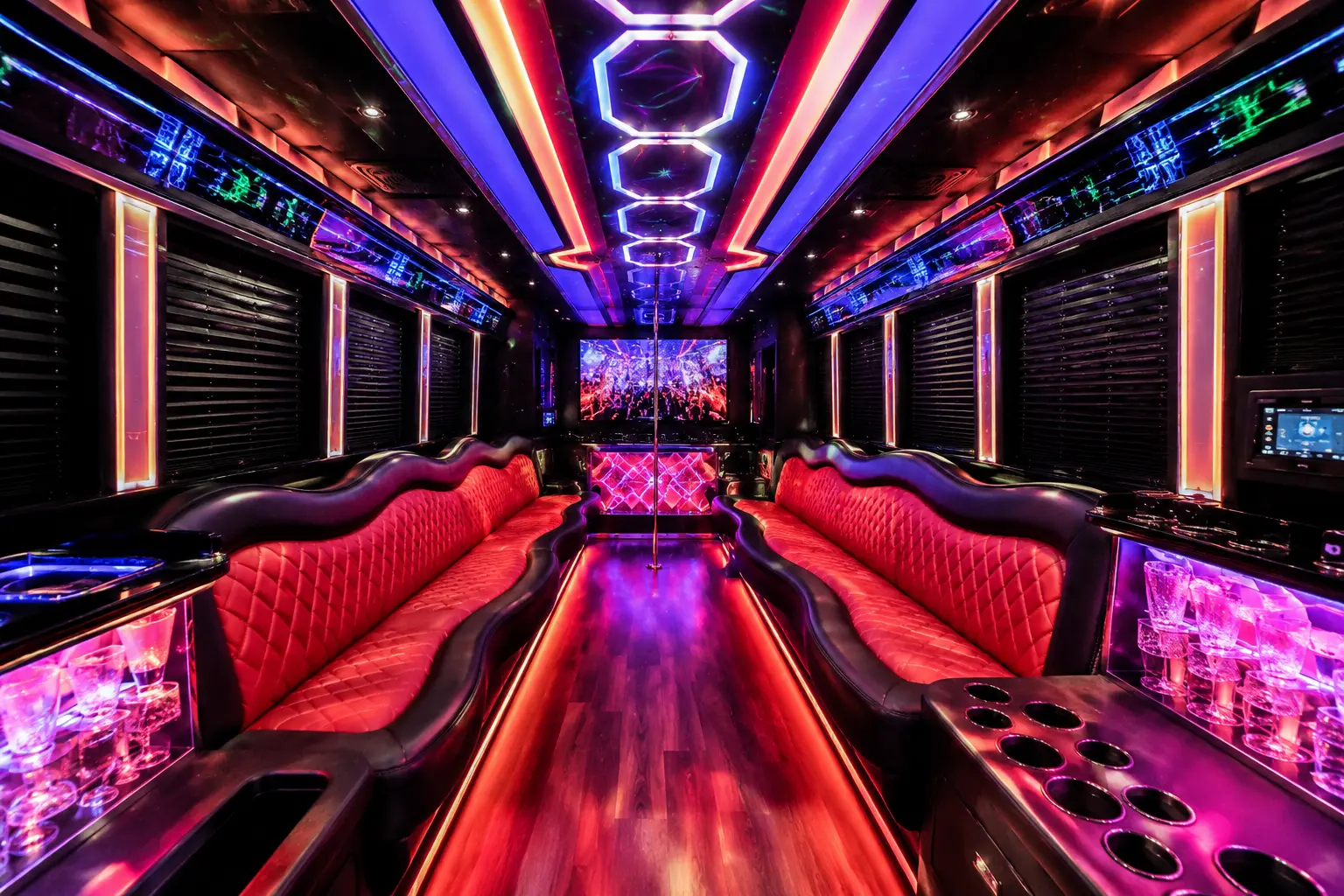 Interior of the 30-passenger lounge party bus, Vancouver BC