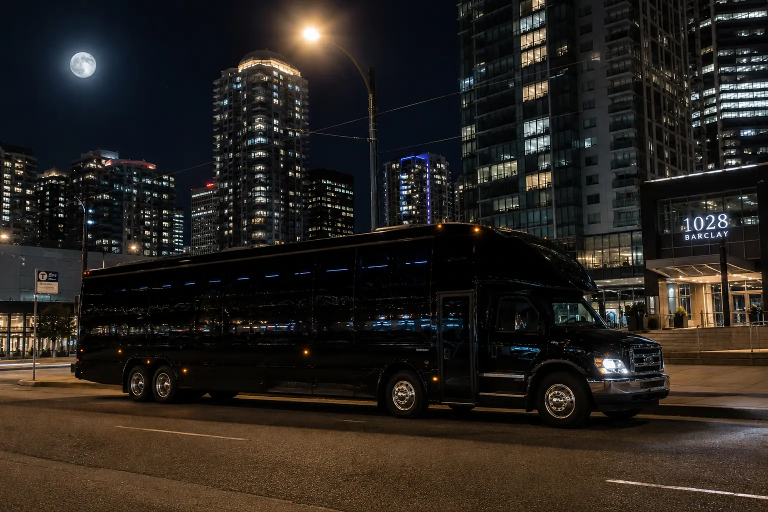 30-Passenger Party Bus — Downtown at night