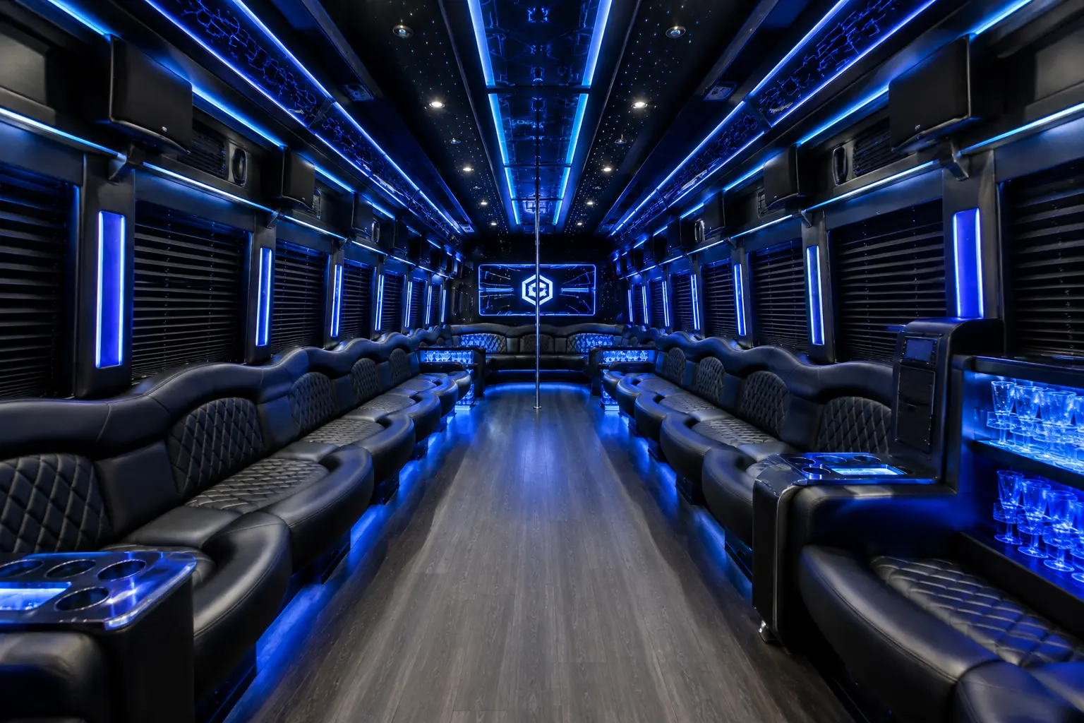 Interior of the 40-passenger lounge party bus, Vancouver BC