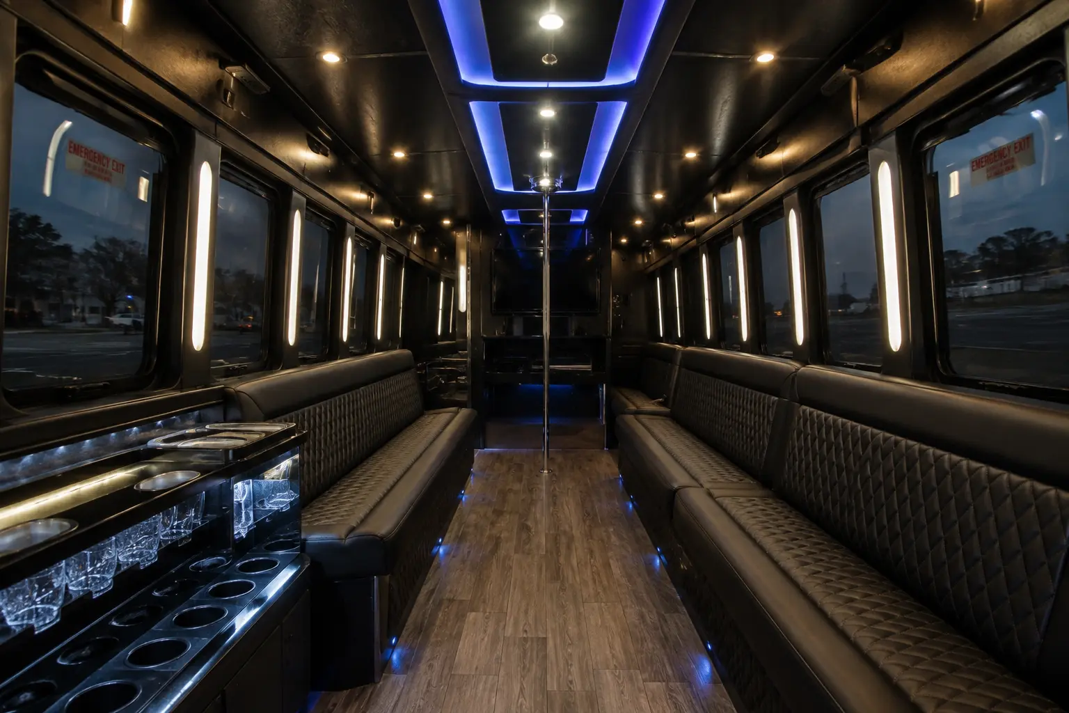 Interior of the 40-passenger interior party bus, Vancouver BC