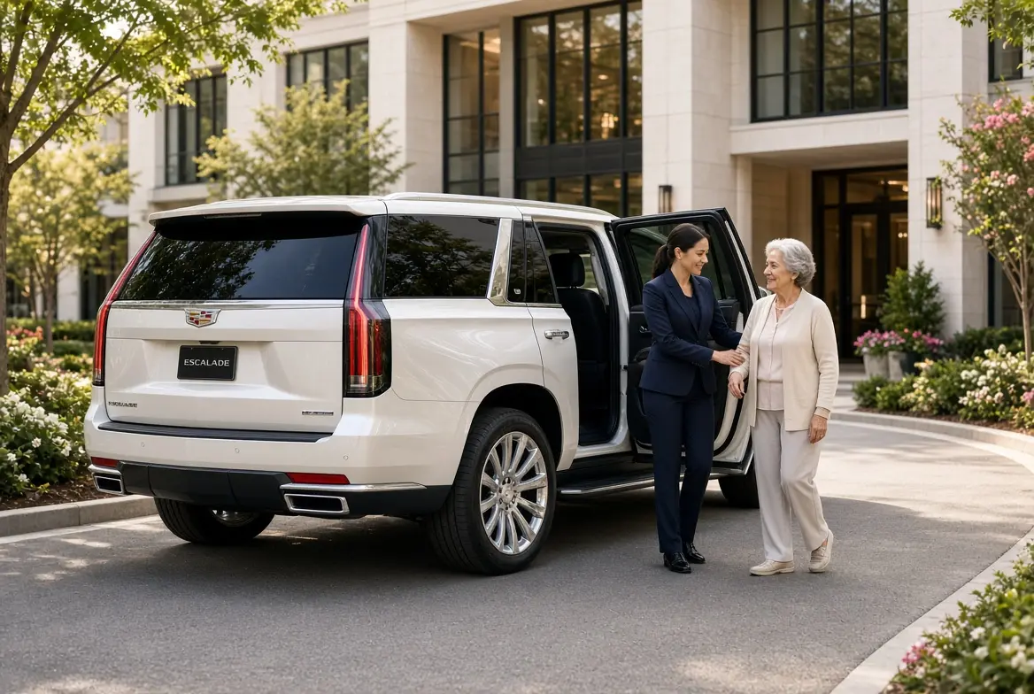 NorthLuxDrive female chauffeur assisting an elderly woman into a white full-size luxury SUV outside an assisted-living care home.
