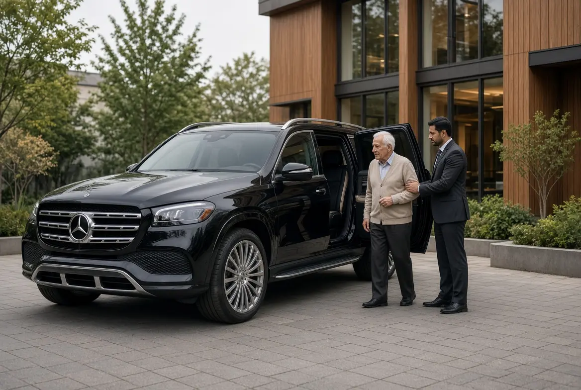 NorthLuxDrive chauffeur gently assisting an elderly man into a black full-size luxury SUV outside a memory-care residence.