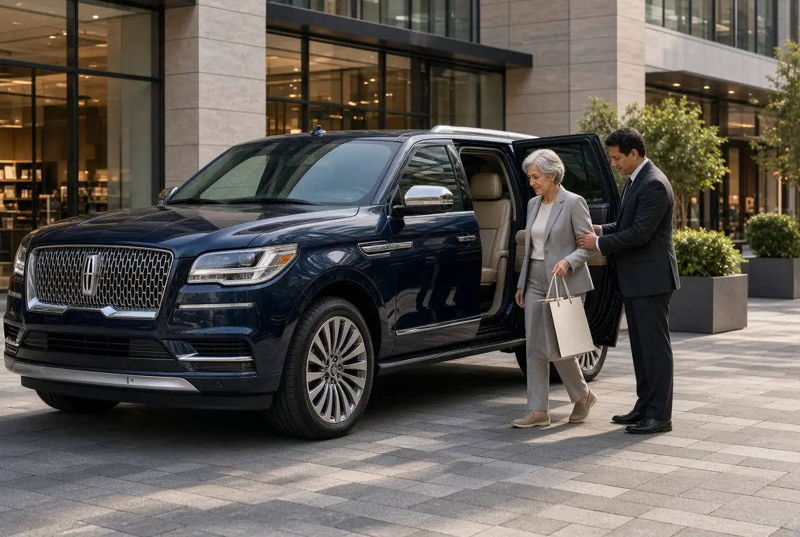 NorthLuxDrive chauffeur assisting an elderly woman with shopping bags into a dark blue full-size luxury SUV outside an upscale shopping plaza.