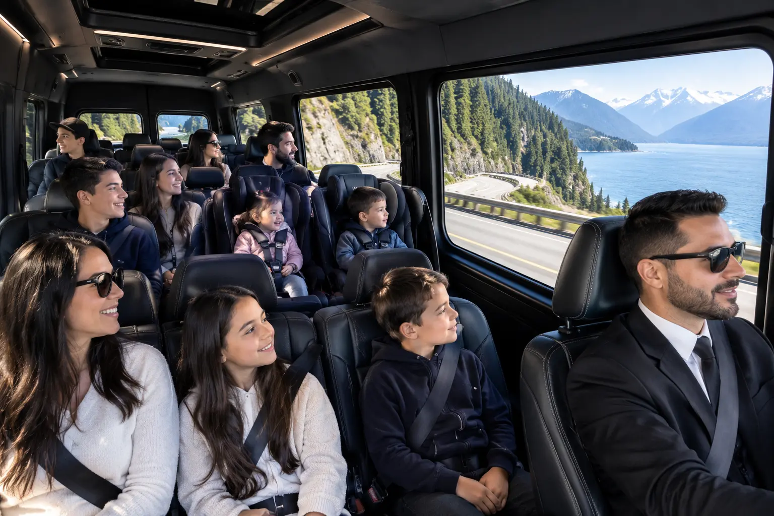 Large family traveling in a luxury black Sprinter van along the Sea to Sky Highway near Vancouver, with children safely secured in child seats and a professional chauffeur driving.