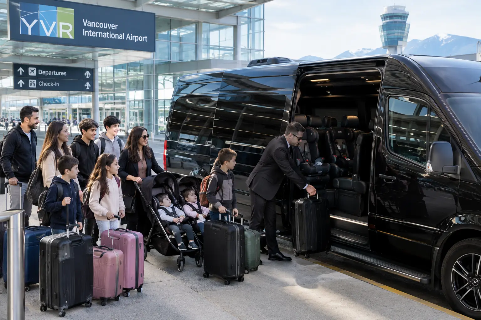 Large family arriving at Vancouver International Airport with luggage beside a black luxury Sprinter van, with a chauffeur assisting and child seats installed.