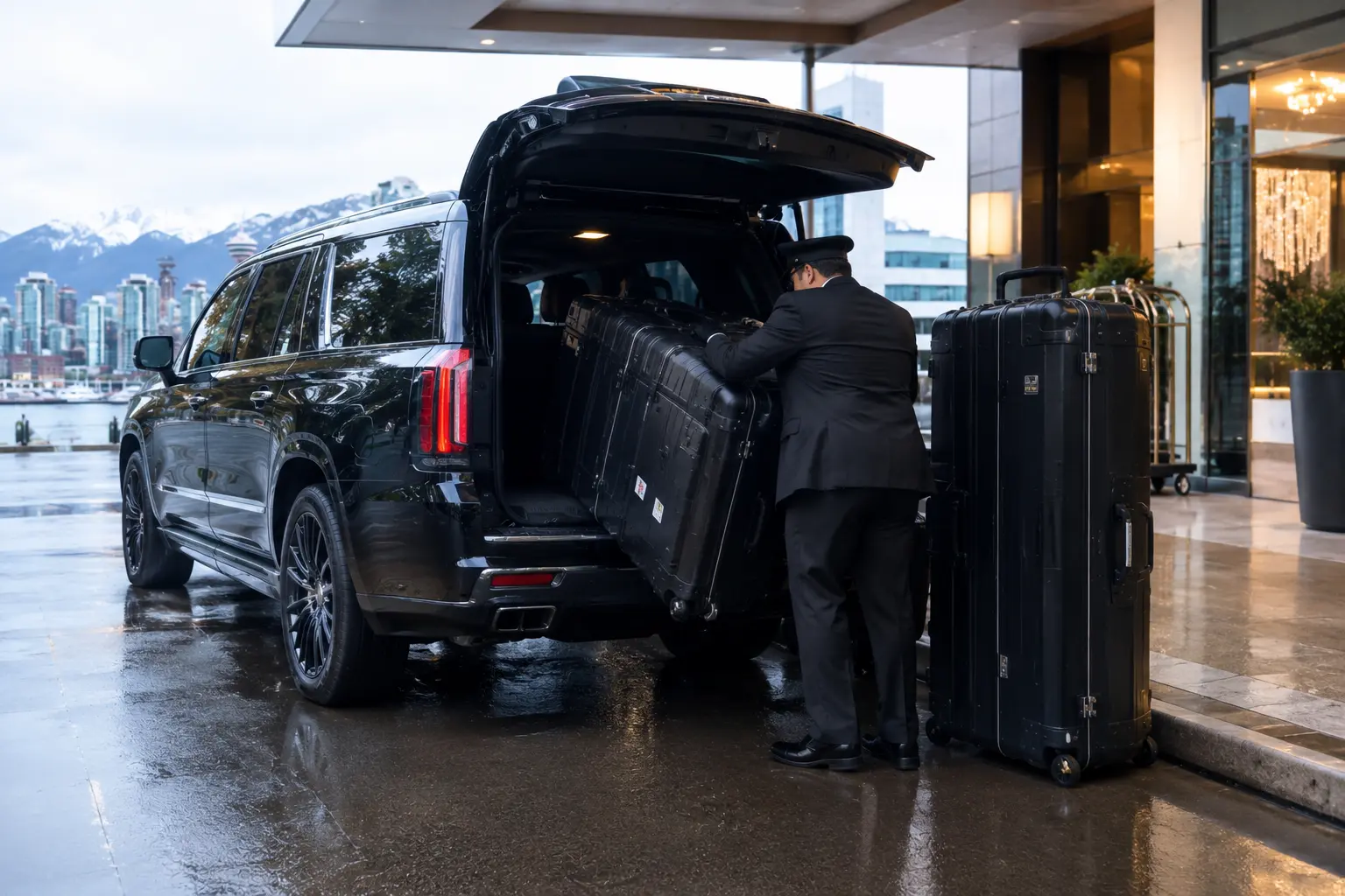 Chauffeur loading an oversized suitcase into a black luxury SUV outside a luxury hotel in Vancouver.