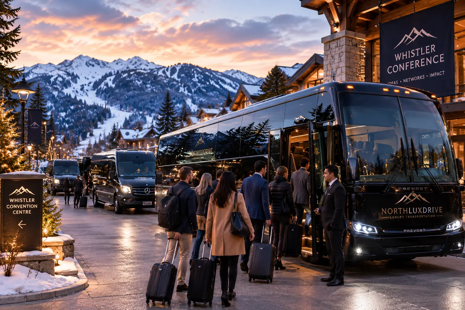 Luxury motorcoach and black Sprinter vans transporting conference delegates to a Whistler convention centre