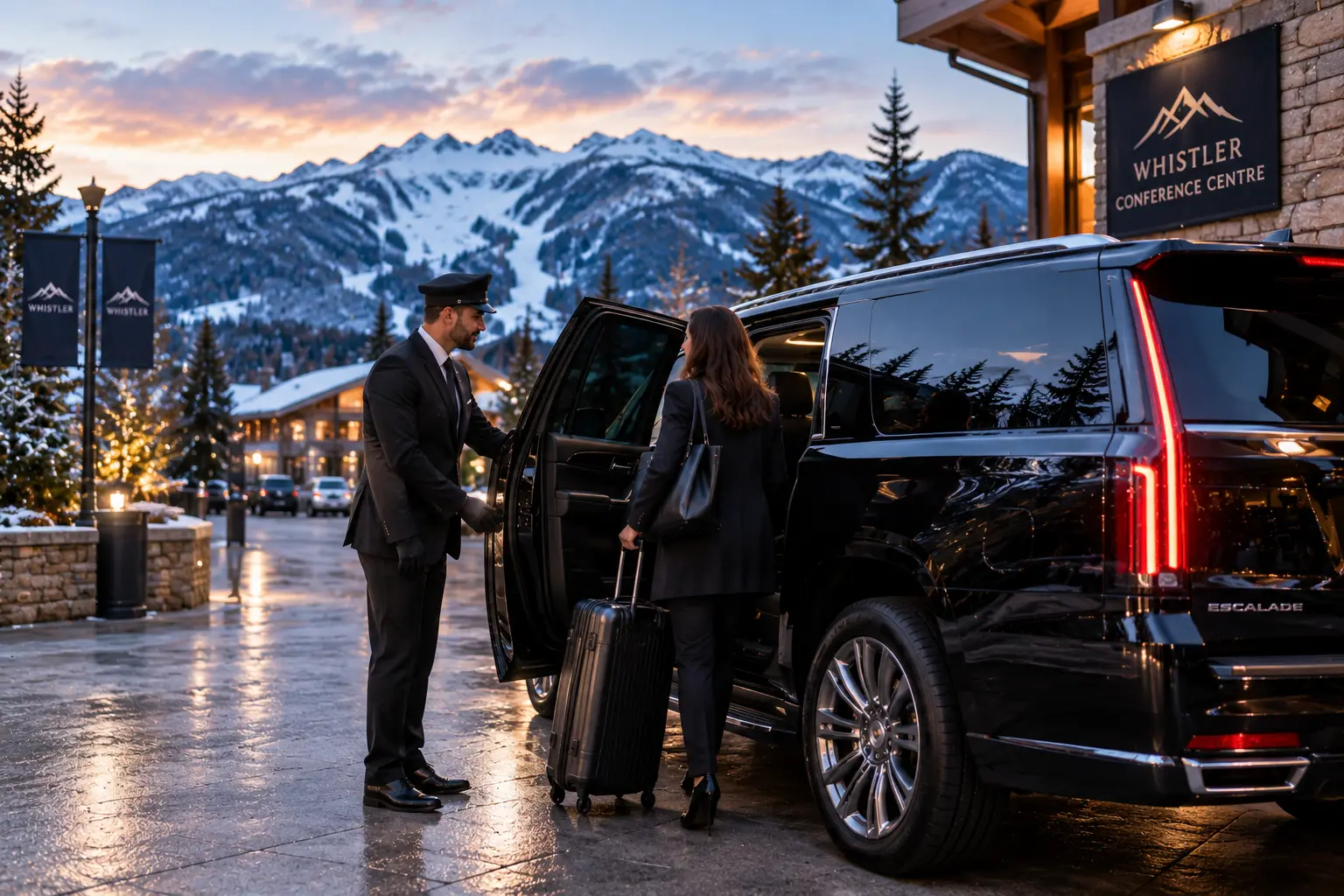 Professional chauffeur opening a black Cadillac Escalade door for an executive arriving at a Whistler mountain resort