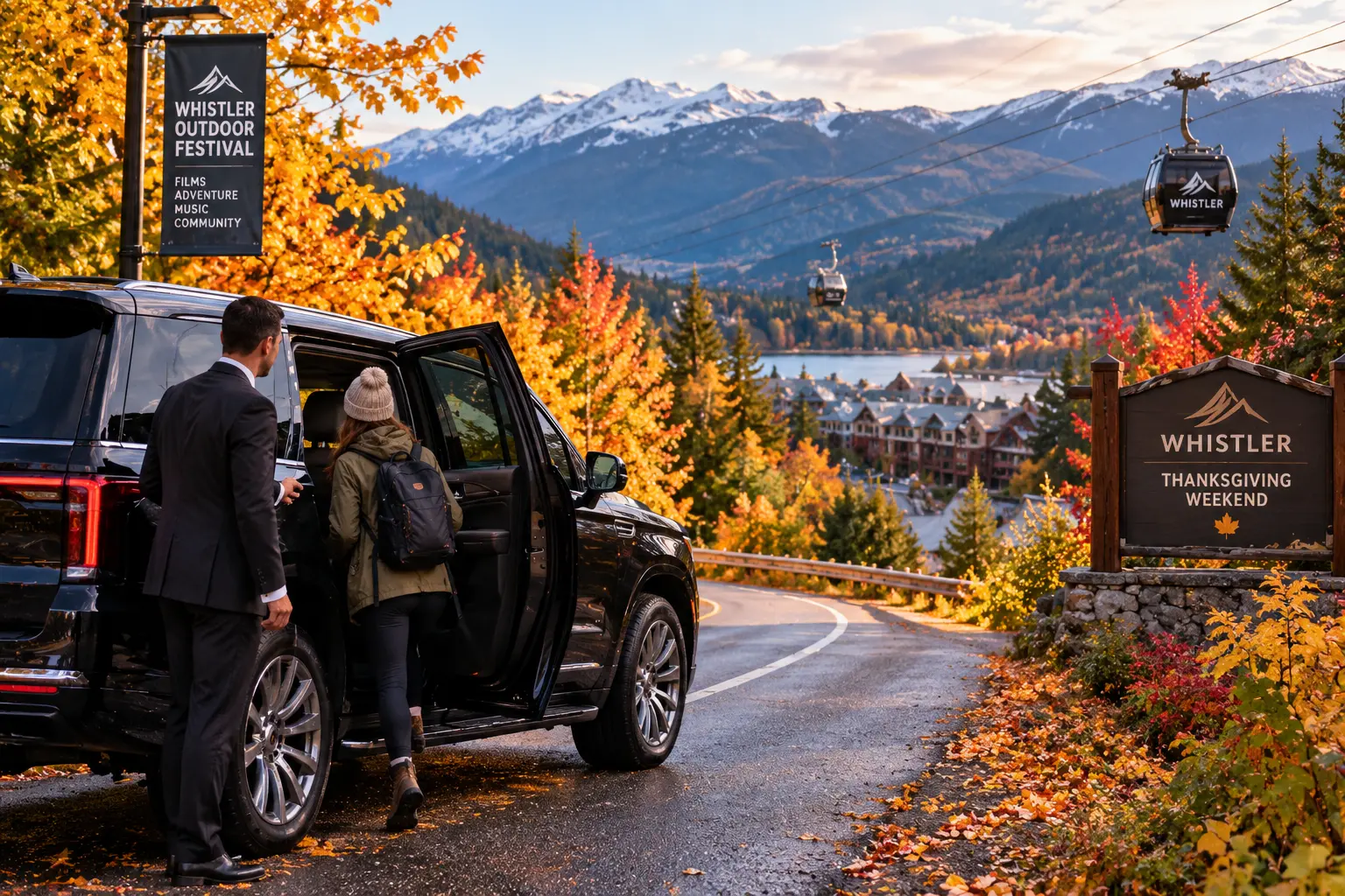A chauffeur assists a passenger into a black luxury SUV on a winding Whistler mountain road surrounded by golden autumn foliage, alpine peaks, and resort scenery.