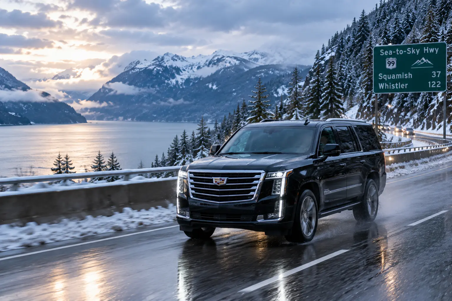 Black luxury SUV travelling on the wet Sea-to-Sky Highway toward Whistler in winter