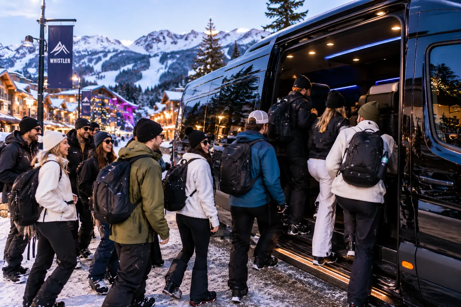 Friends in winter clothing boarding a luxury black Sprinter van together in Whistler Village during a festive winter evening.