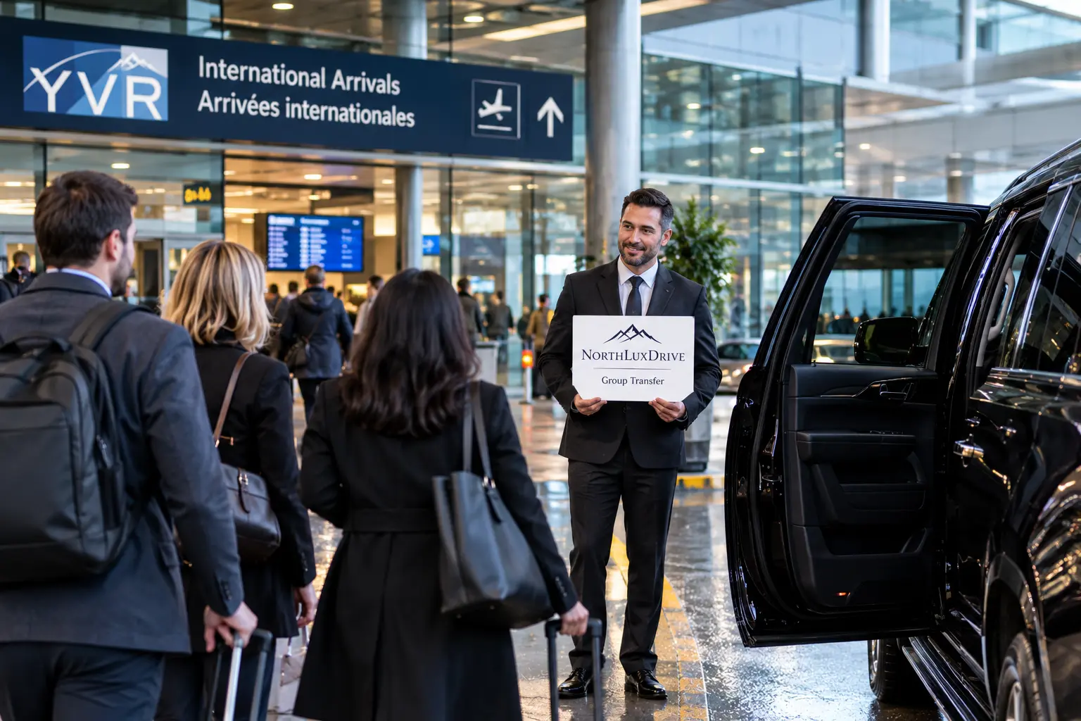 NorthLuxDrive chauffeur holding a group transfer welcome sign for business travellers at Vancouver International Airport